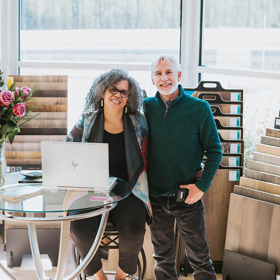 The owners of SAV-On Flooring in their Wasilla showroom.